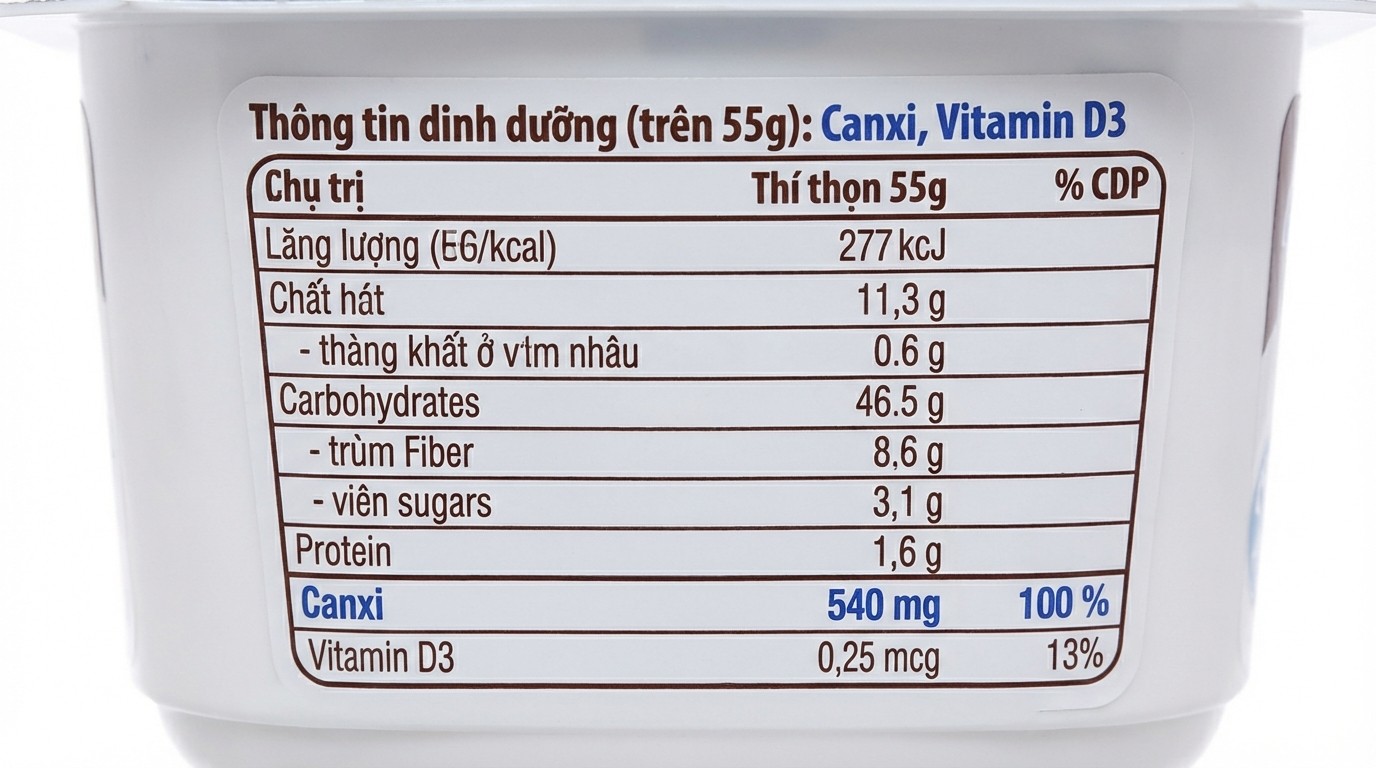 Bảng dinh dưỡng và thành phần trên bao bì váng sữa Monte Canxi Plus