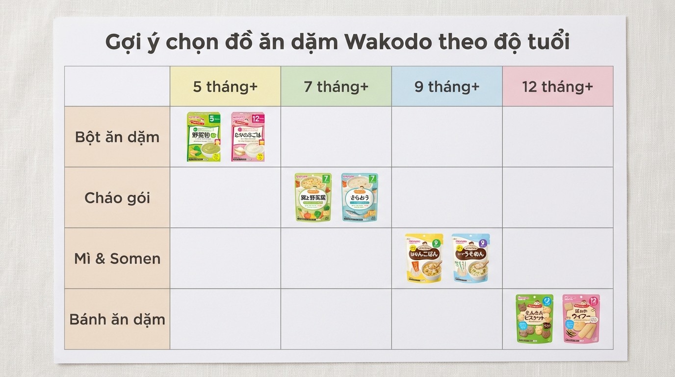 Bảng gợi ý chọn đồ ăn dặm Wakodo theo độ tuổi 5 đến 12 tháng