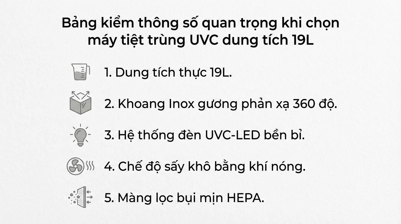 Bảng kiểm thông số quan trọng khi chọn máy tiệt trùng UVC dung tích 19L