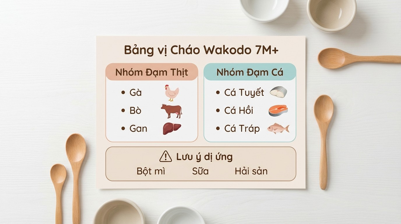 Bảng phân nhóm vị cháo Wakodo 7M+ theo đạm thịt và đạm cá, kèm lưu ý dị ứng
