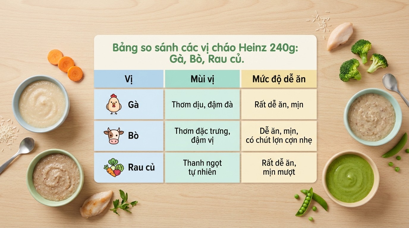 Bảng so sánh các vị cháo Heinz 240g như Gà, Bò và Rau củ theo mùi vị và mức độ dễ ăn