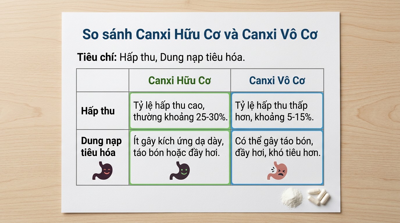 Bảng so sánh canxi hữu cơ và canxi vô cơ theo tiêu chí hấp thu và dung nạp tiêu hóa