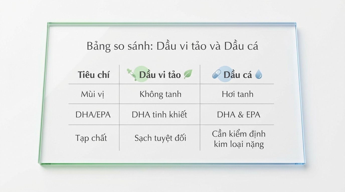 Bảng so sánh DHA thực vật từ tảo biển và dầu cá theo tiêu chí mùi vị, DHA/EPA, tạp chất
