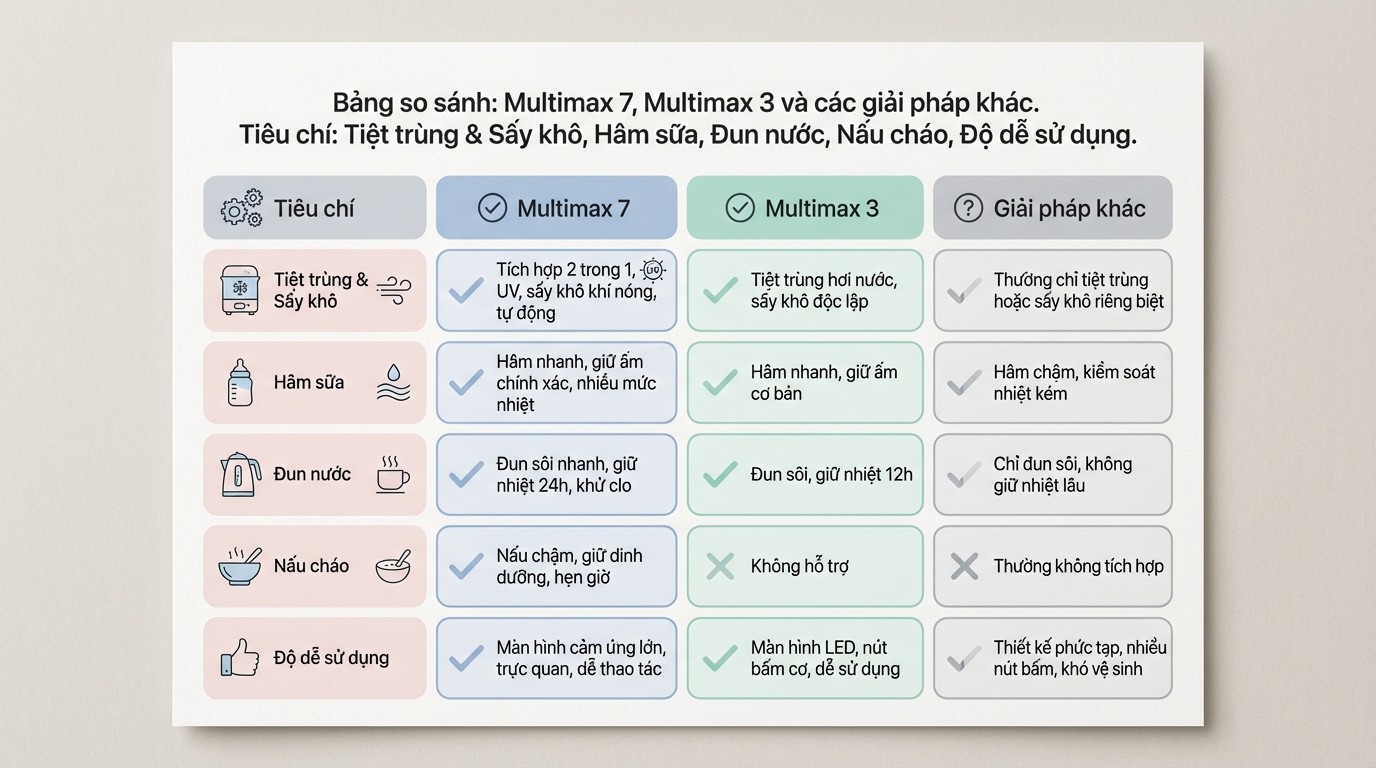 Bảng so sánh tiêu chí giữa Multimax 7, Multimax 3 và một số giải pháp khác