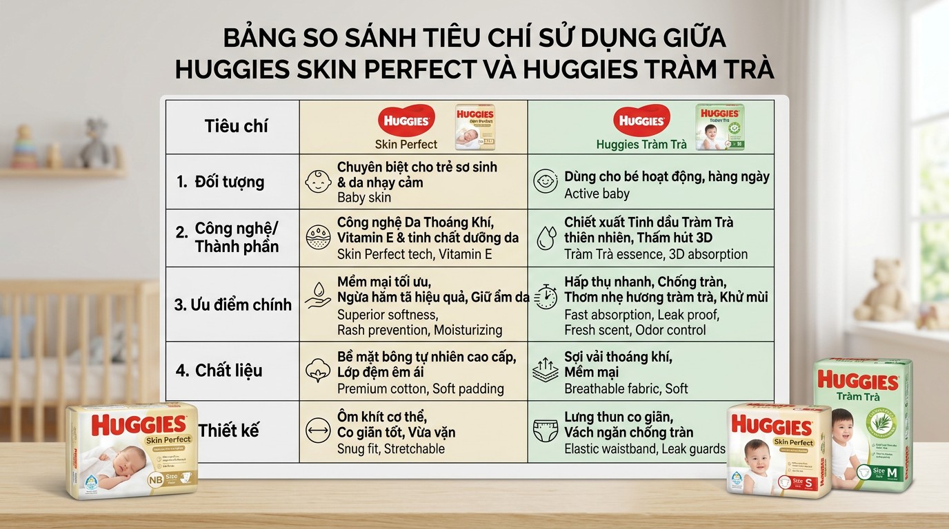 Bảng so sánh tiêu chí sử dụng giữa Huggies Skin Perfect và Huggies Tràm Trà