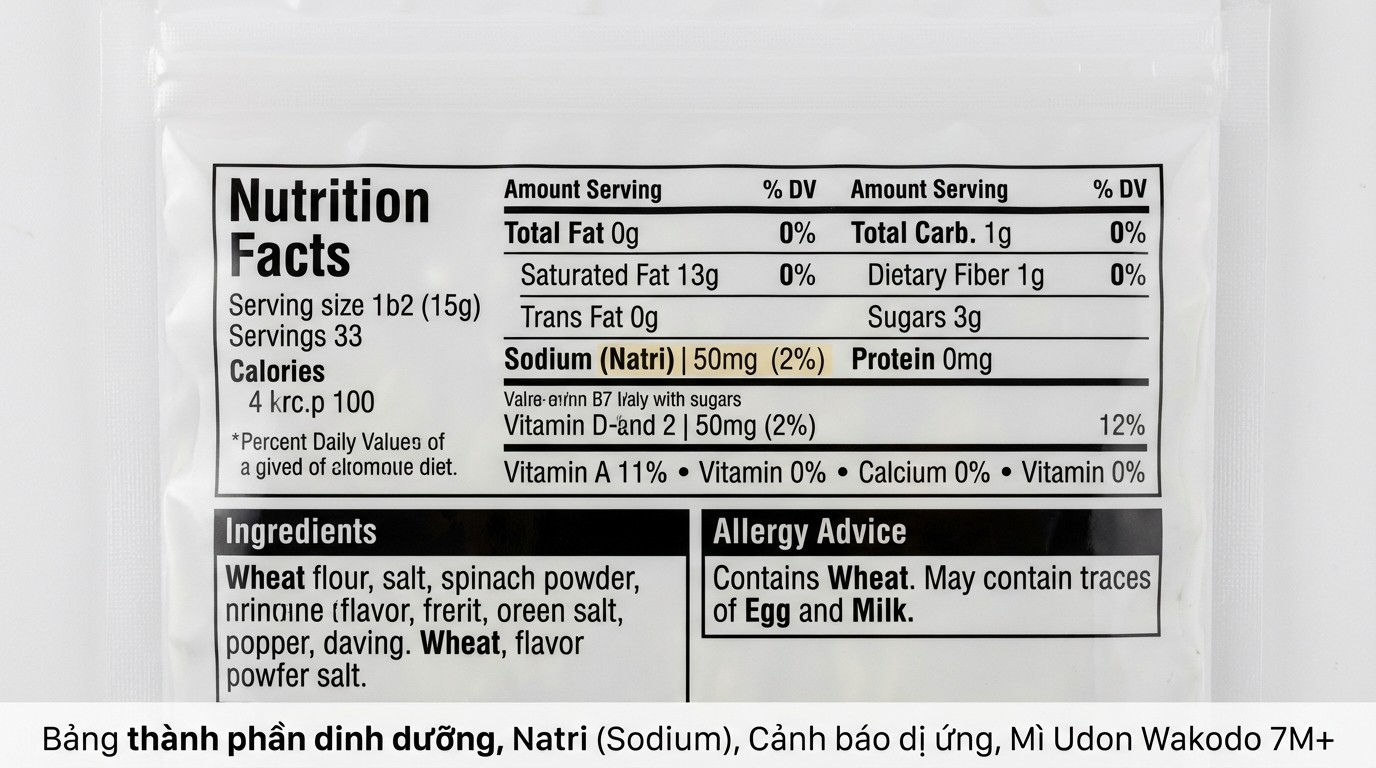 Bảng thành phần và dinh dưỡng tham khảo của mì ăn dặm Udon Wakodo 7M+ trên nhãn sản phẩm