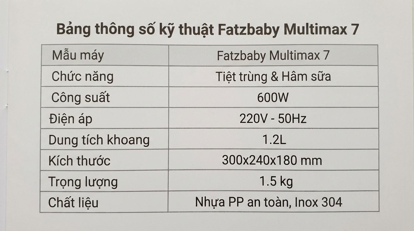 Bảng thông số kỹ thuật cần kiểm tra khi chọn Fatzbaby Multimax 7