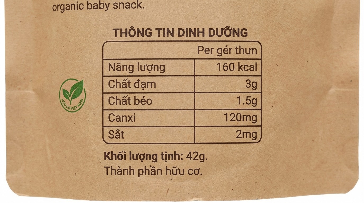 Bảng thông tin dinh dưỡng trên bao bì bánh ăn dặm 42g năng lượng, chất đạm, chất béo, Canxi và Sắt