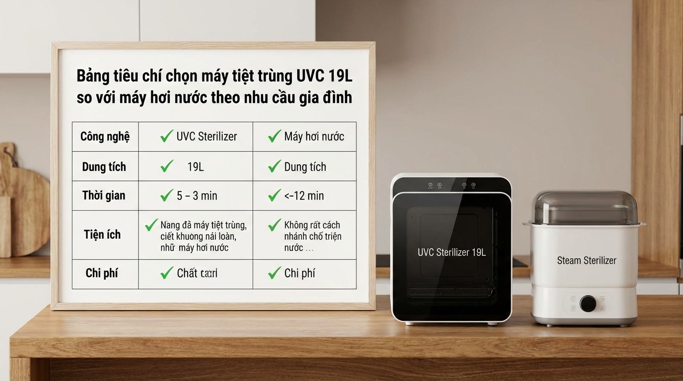 Bảng tiêu chí chọn máy tiệt trùng UVC 19L so với máy hơi nước theo nhu cầu gia đình