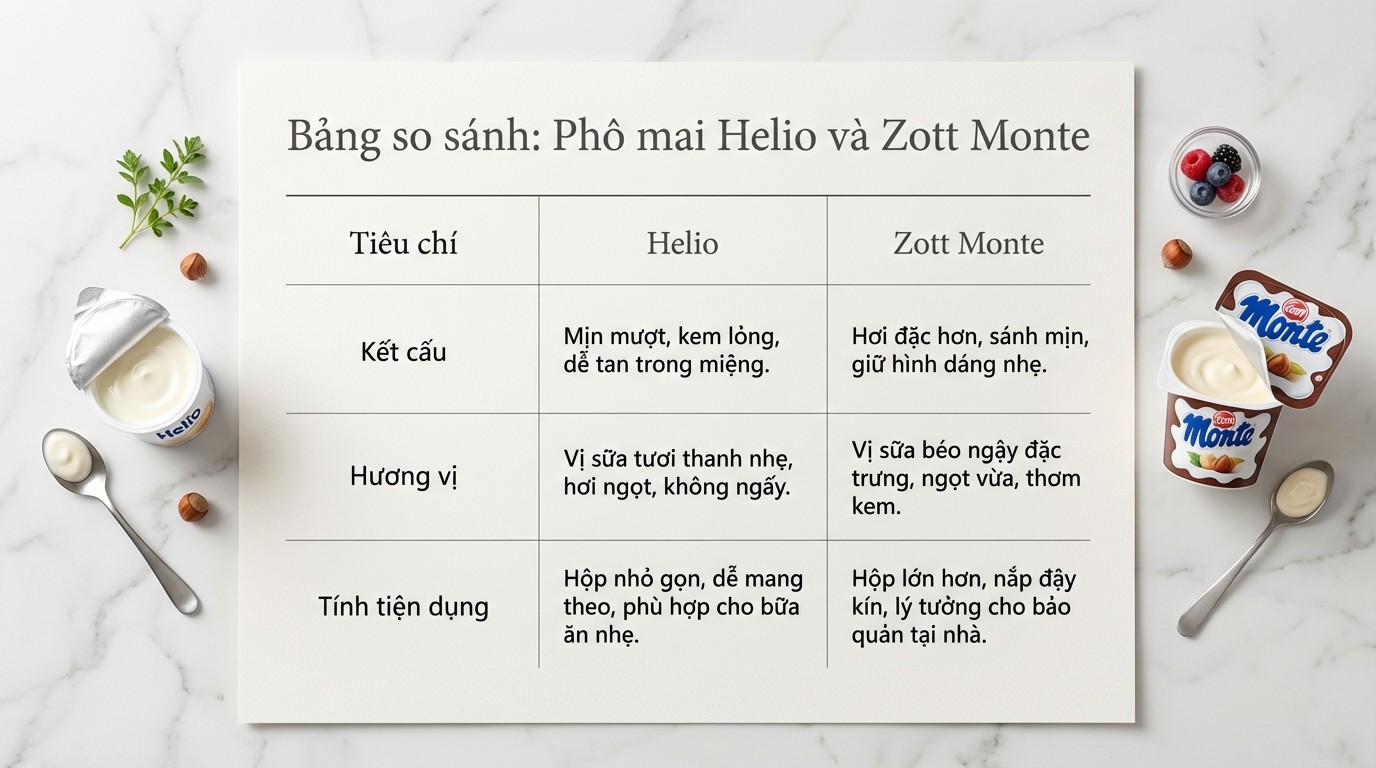 Bảng tiêu chí so sánh phô mai Helio và Zott Monte theo kết cấu, hương vị và tính tiện dụng