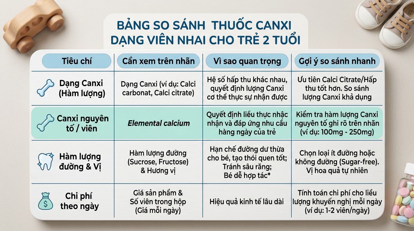Bảng tiêu chí so sánh viên nhai canxi cho bé 2 tuổi theo hàm lượng, đường và chi phí theo ngày