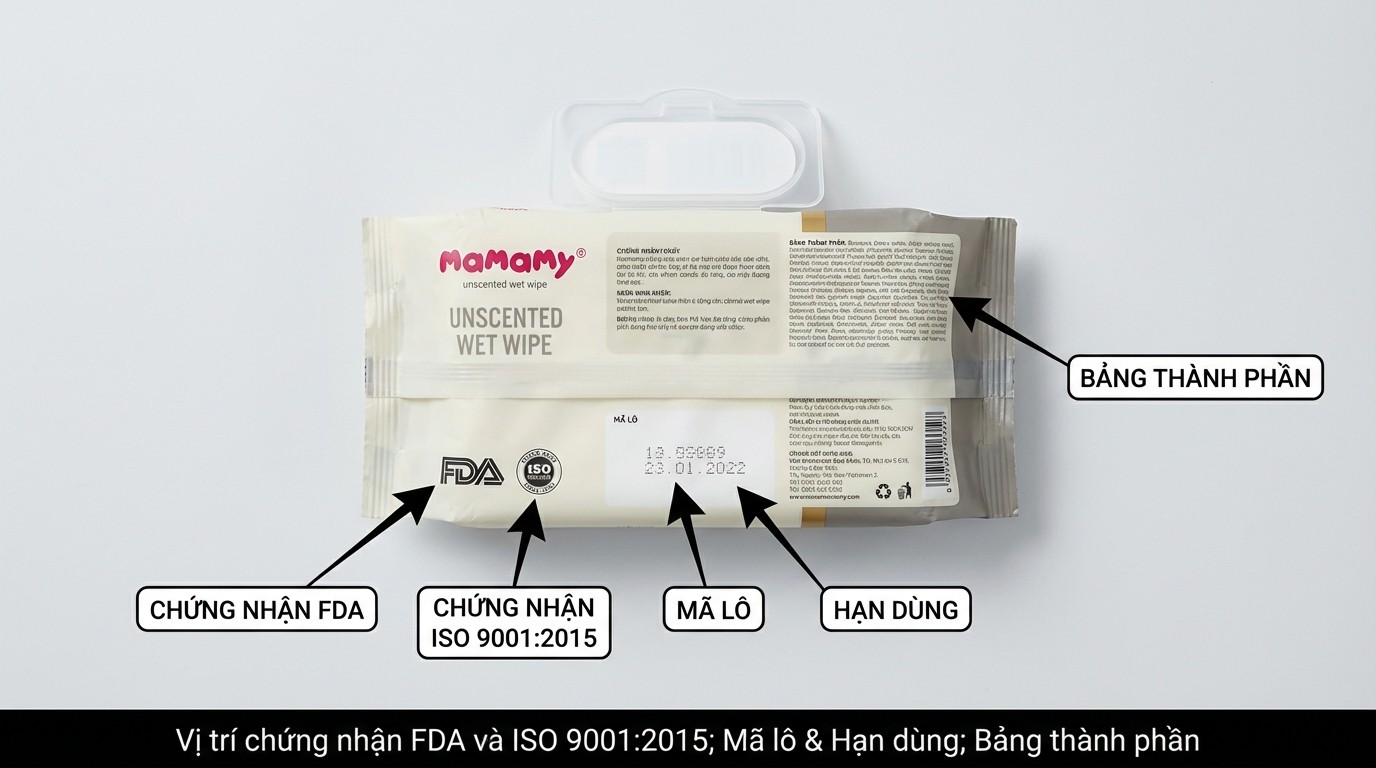 Bảng vị trí thông tin FDA và ISO 9001 2015 trên bao bì khăn ướt Mamamy không mùi