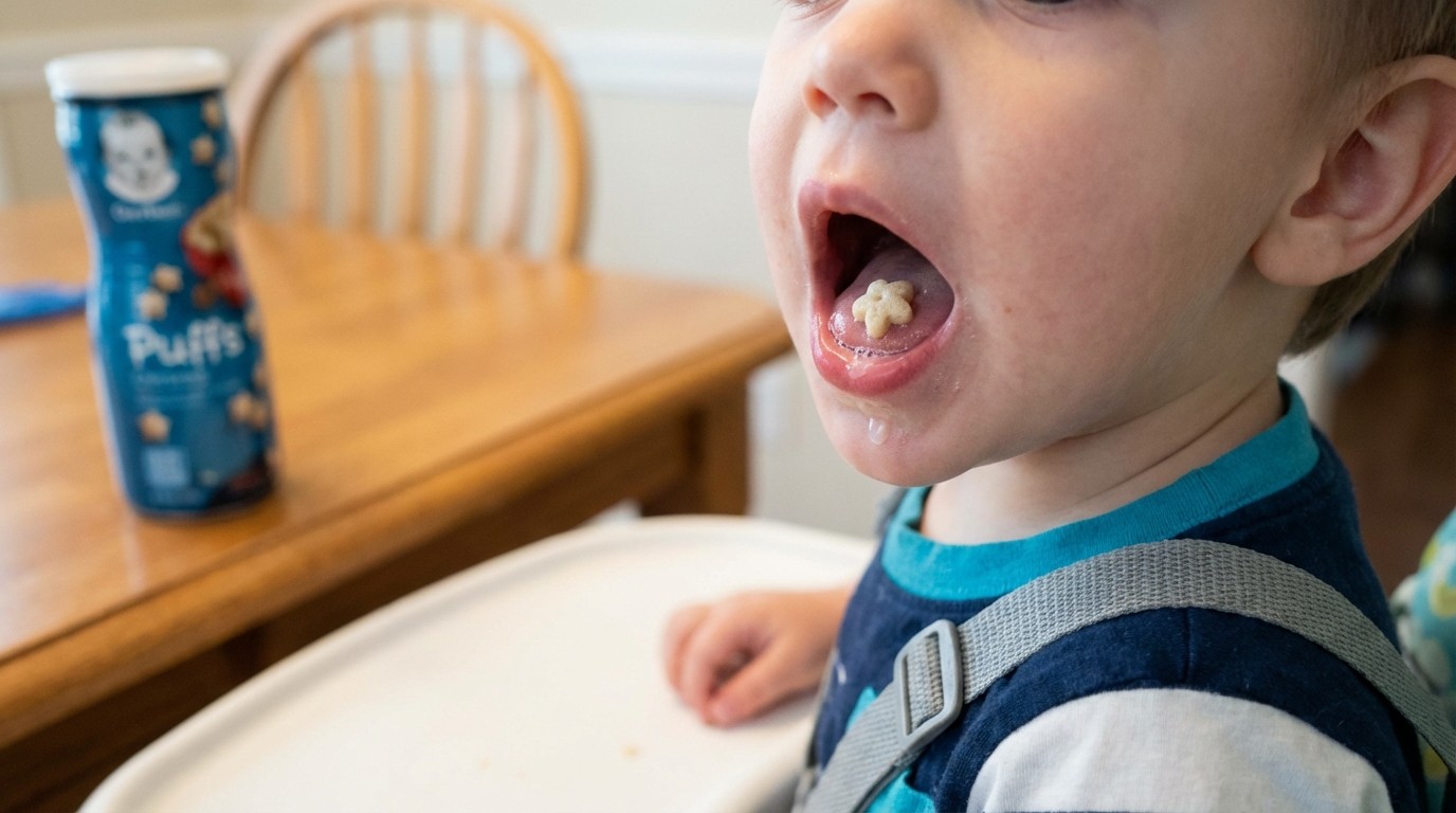 bánh Gerber Puffs tan nhanh khi tiếp xúc nước bọt trong miệng bé