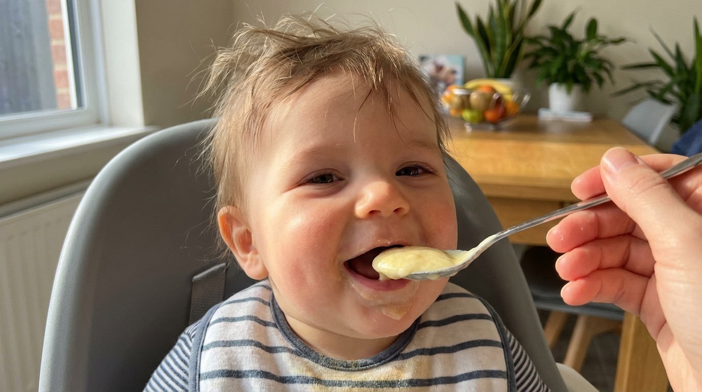 Bé 7 tháng ăn dặm với bột Heinz ngũ cốc phô mai đã pha sánh mịn