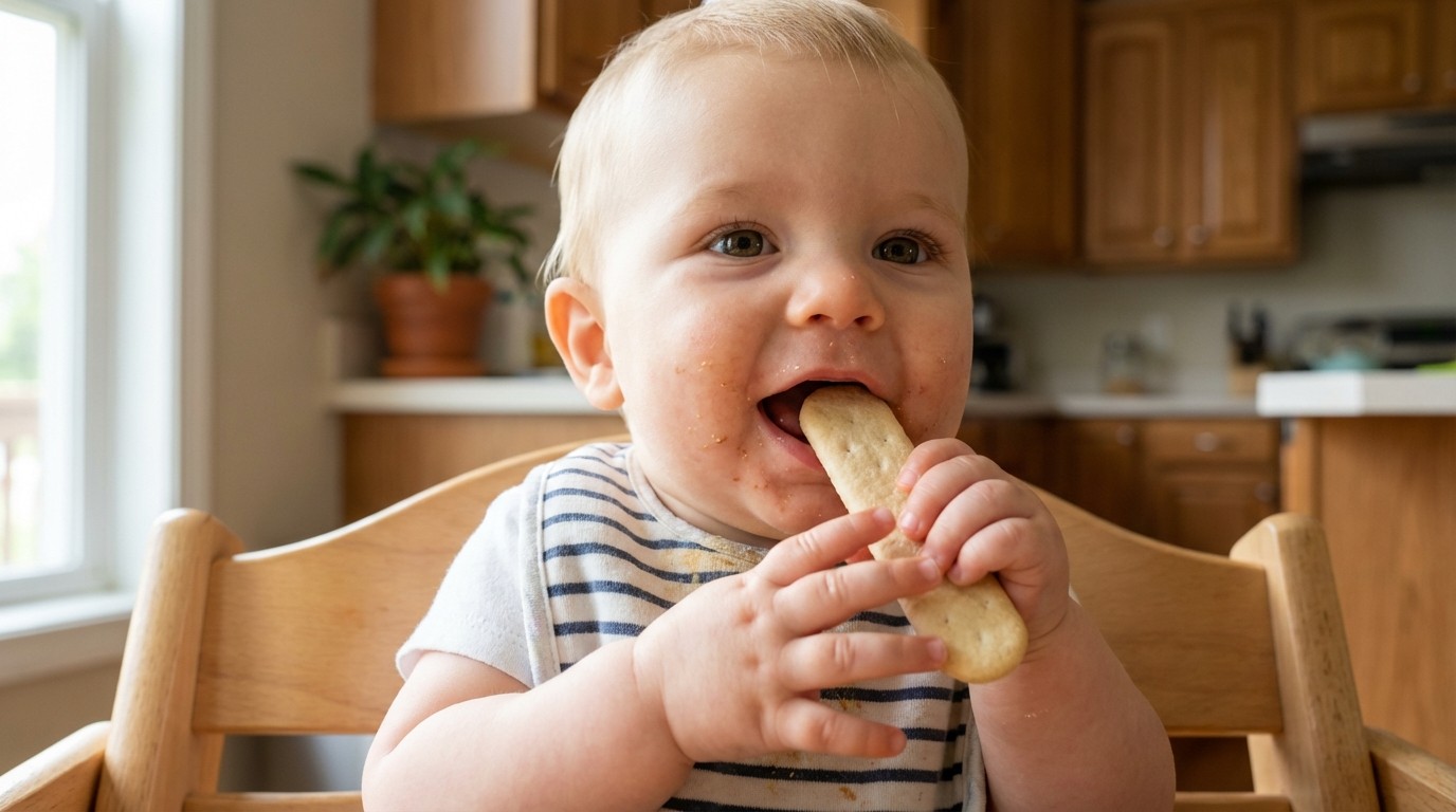 Bé 8 tháng ngồi ghế ăn, tự cầm bánh ăn dặm dạng que để luyện kỹ năng cầm nắm