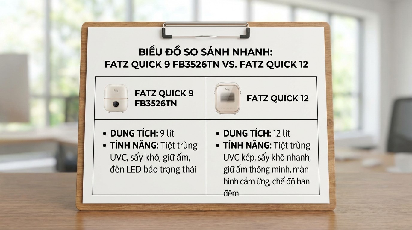 Biểu đồ so sánh nhanh Fatz Quick 9 FB3526TN và Fatz Quick 12 theo tiêu chí dung tích và tính năng