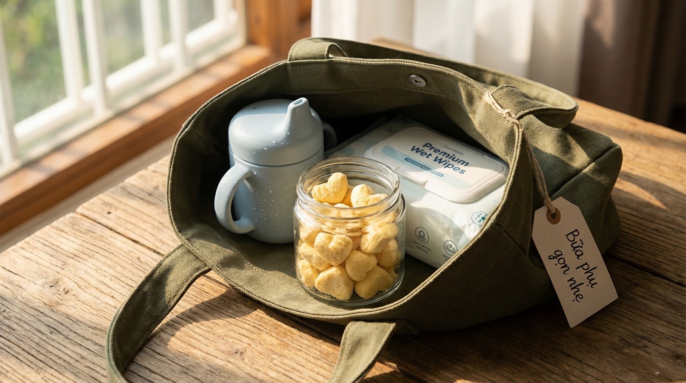 Bộ bữa phụ gọn nhẹ gồm váng sữa sấy lạnh, nước và khăn ướt cho chuyến đi ngắn