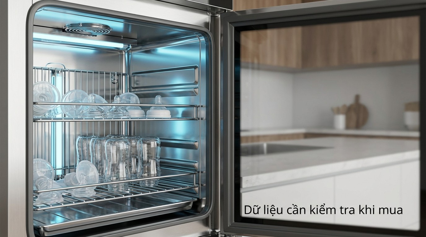 bố trí bình sữa và phụ kiện trong khoang dung tích khoảng 20L của máy úp bình