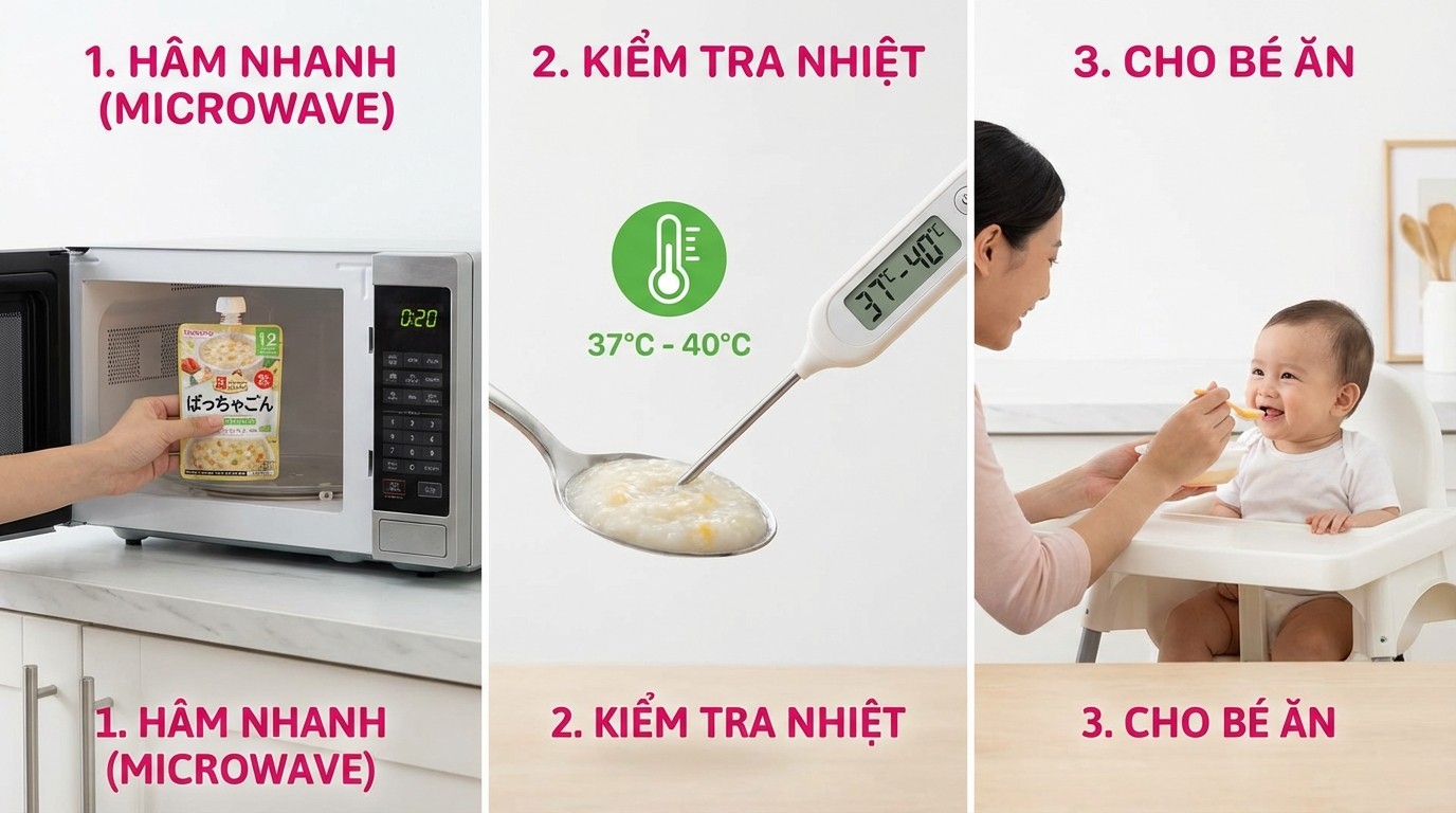 Các bước hâm nóng cháo Wakodo nhanh, kiểm tra nhiệt trước khi cho bé ăn