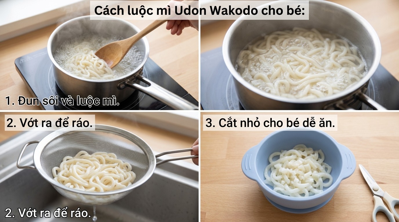 Các bước luộc và làm nguội nhanh mì Udon Wakodo cho bé ăn dặm