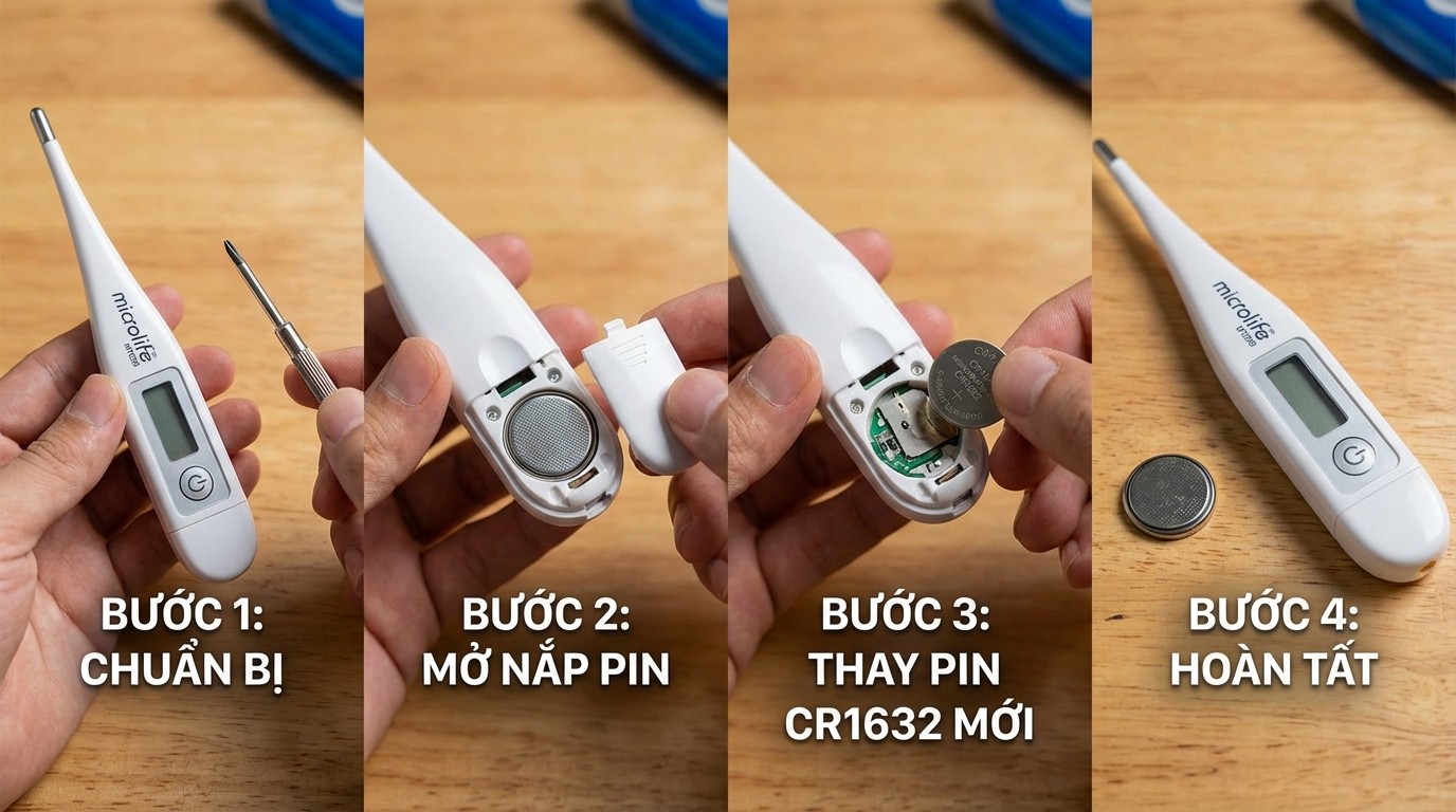 Các bước thay pin CR1632 cho nhiệt kế điện tử Microlife MT550