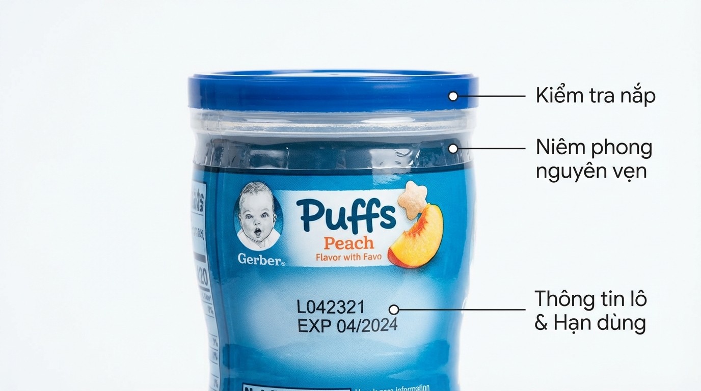 các điểm cần kiểm tra trên hộp Gerber Puffs 42g như nắp, tem và thông tin lô