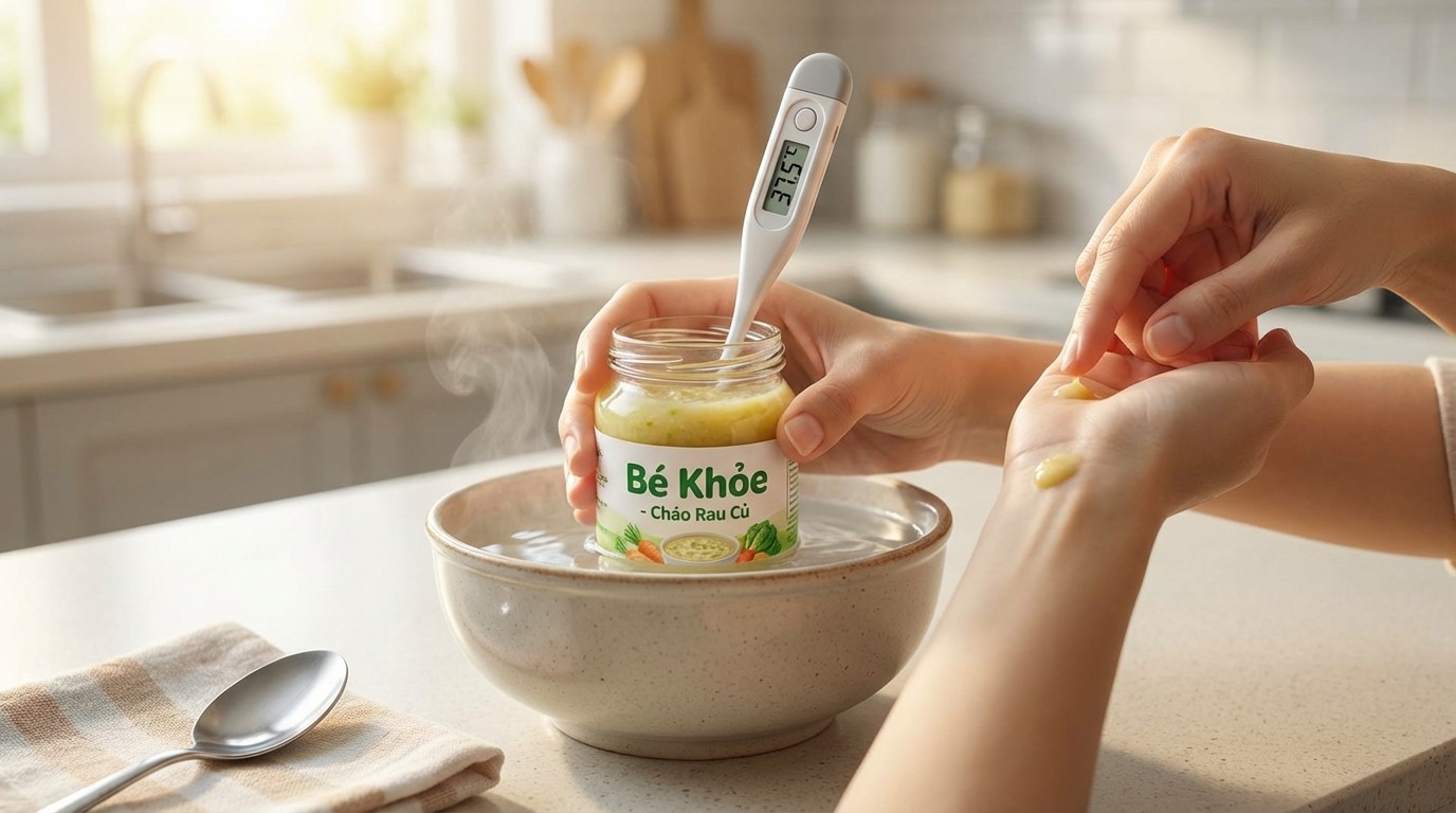 Cách hâm ấm cháo hũ cho bé bằng ngâm nước ấm và kiểm tra nhiệt độ trước khi ăn