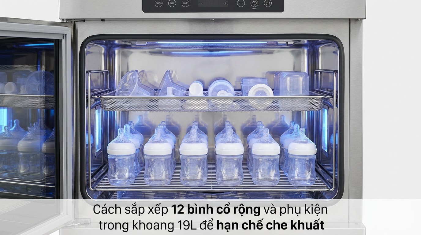Cách sắp xếp 12 bình cổ rộng và phụ kiện máy hút sữa trong khoang 19L để hạn chế che khuất