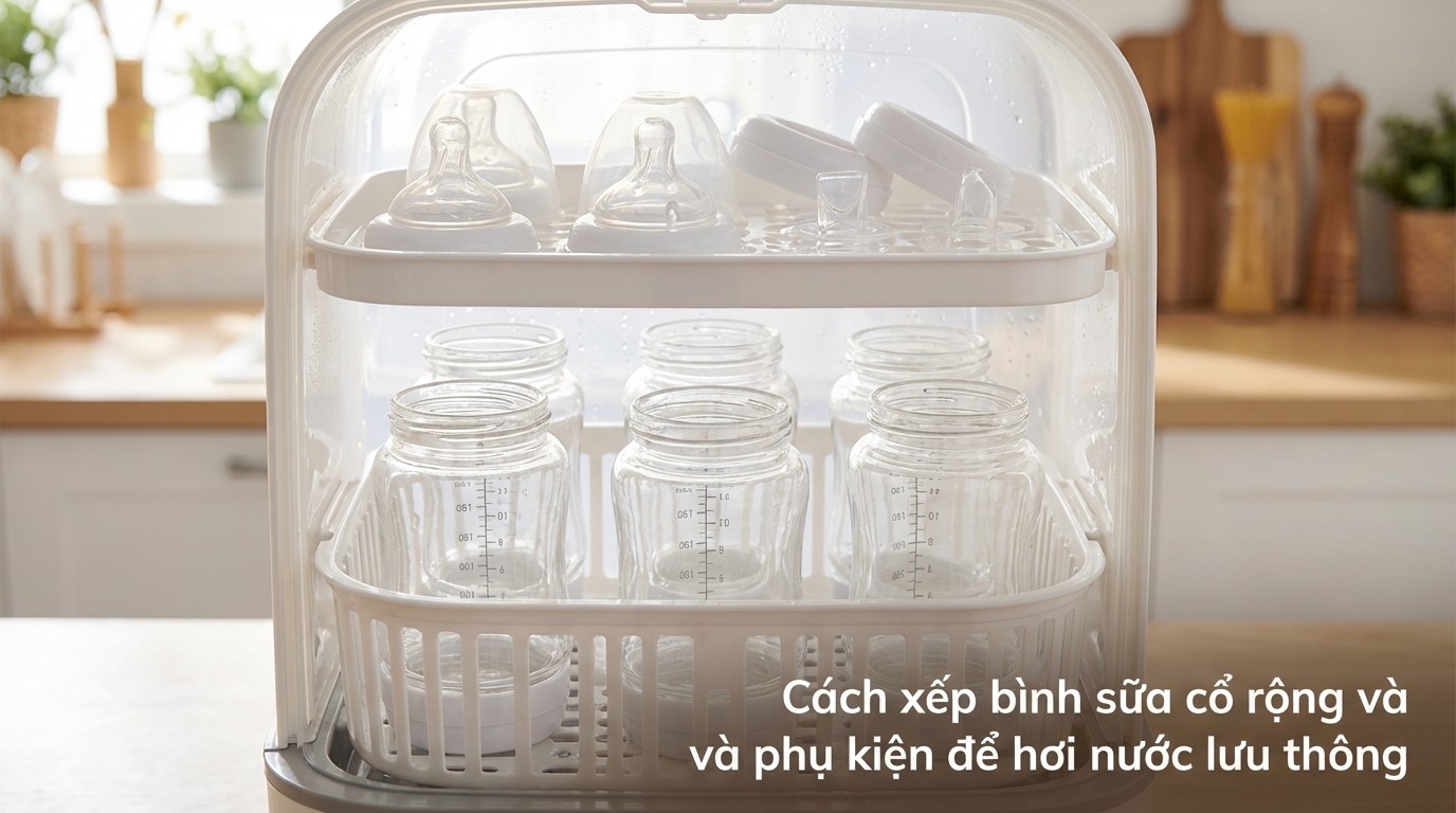 Cách xếp bình sữa cổ rộng và phụ kiện trong khoang Fatz Captain 2 FB4315SL để hơi nước lưu thông