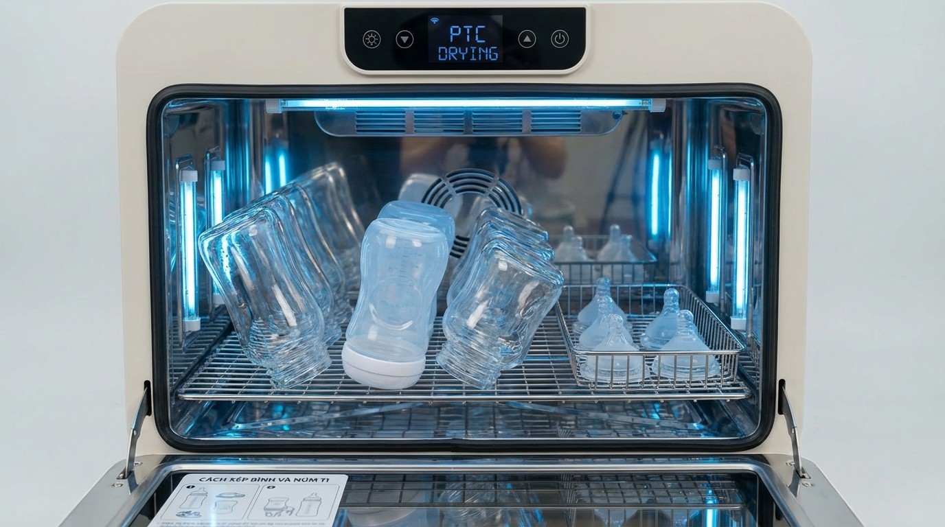 cách xếp bình và núm ti để tránh che khuất tia UVC và giúp sấy PTC khô đều