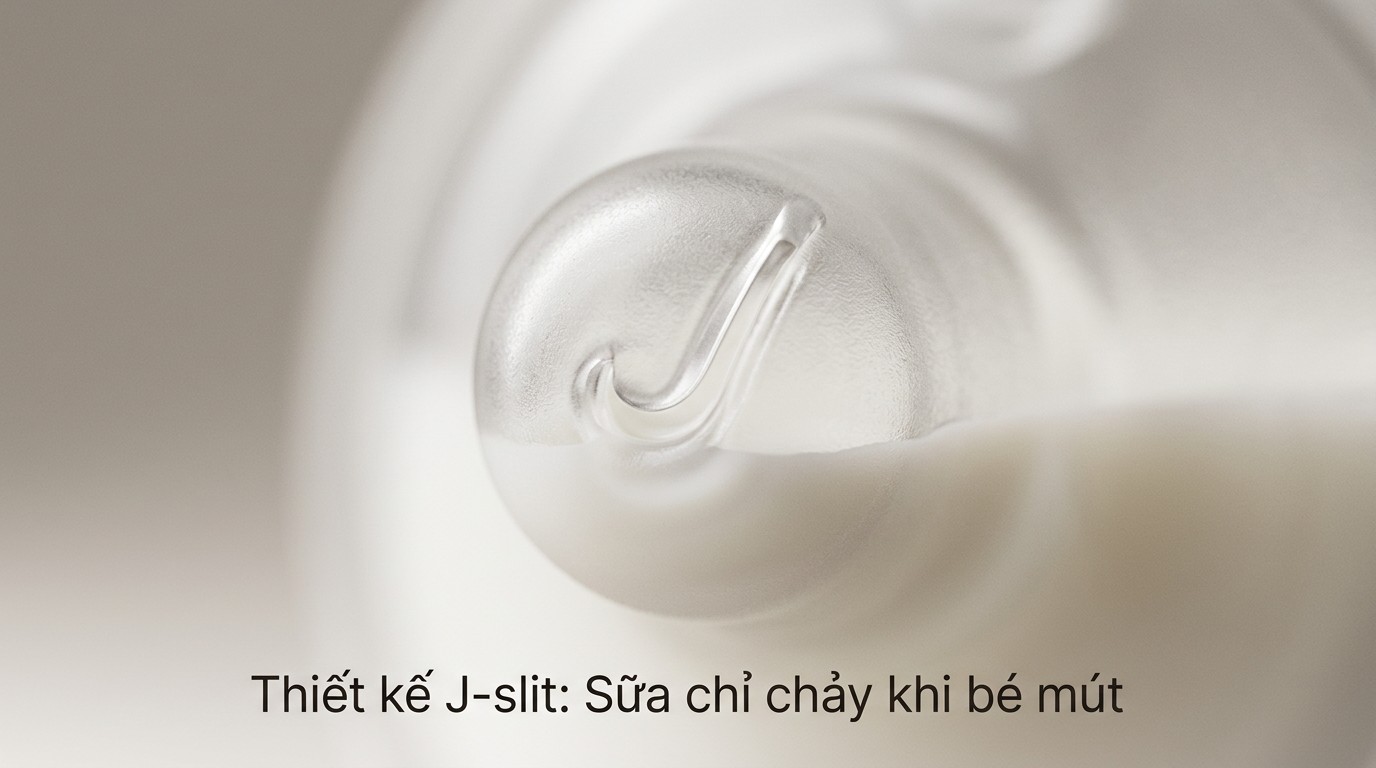 Cận cảnh van rãnh J slit trên núm ti Natural Response cơ chế không nhỏ giọt