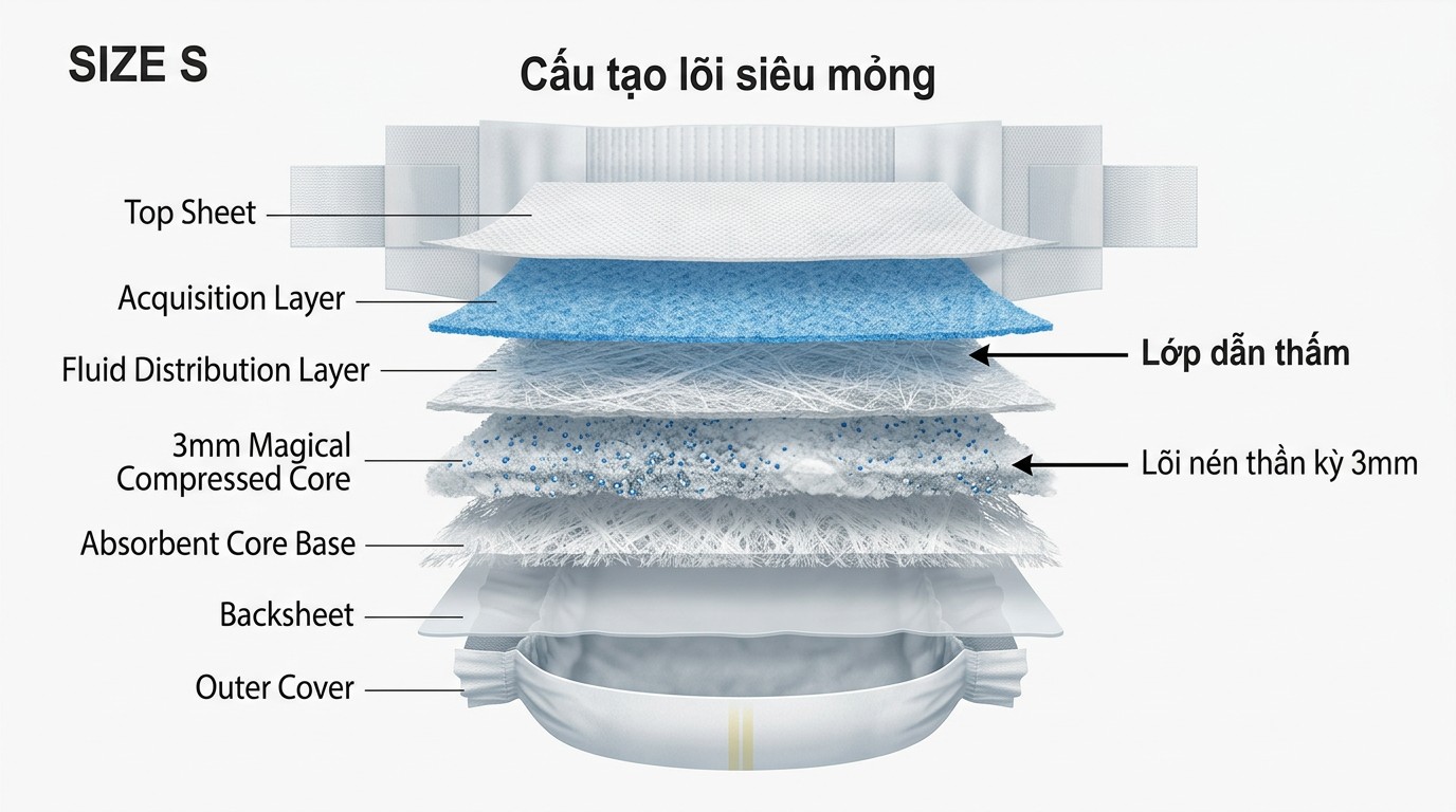 cấu tạo lõi nén mỏng và lớp dẫn thấm của tã dán size S