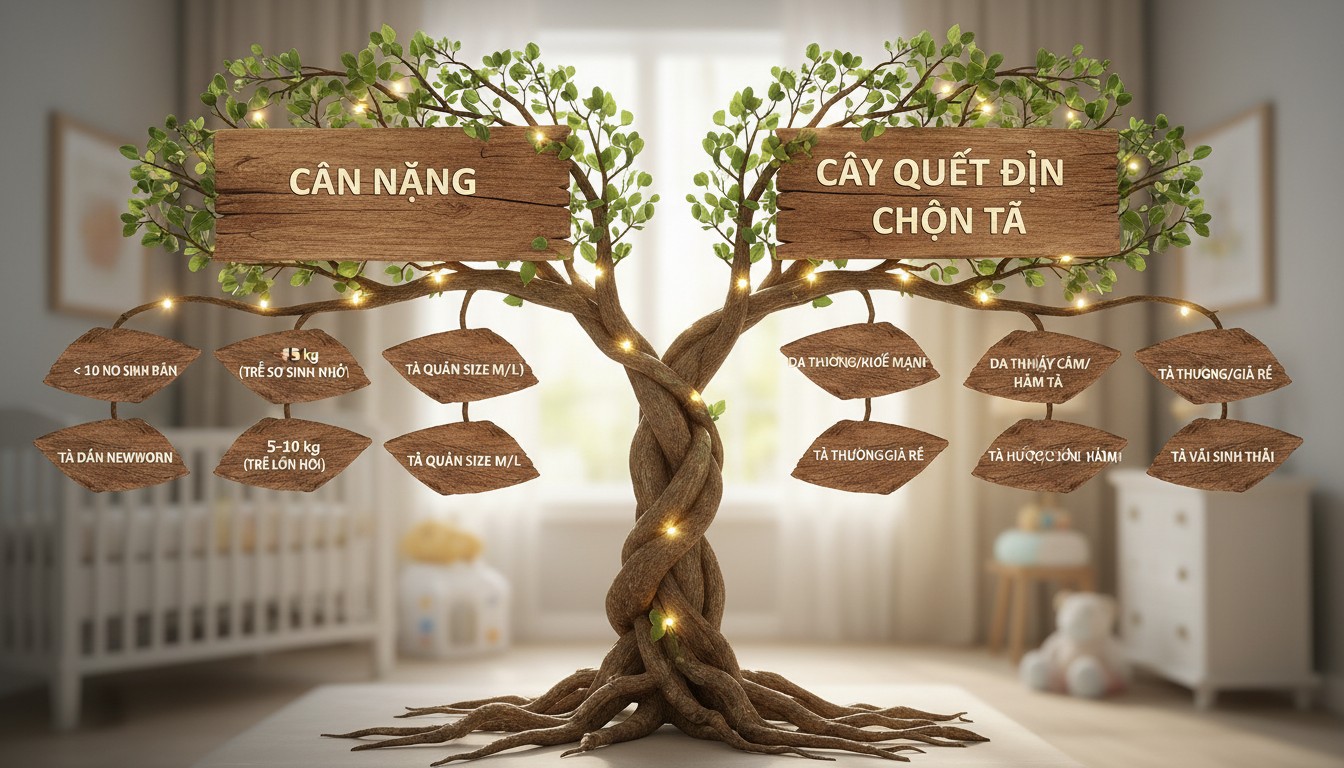 Cây quyết định chọn tã cho trẻ sơ sinh theo cân nặng và tình trạng da