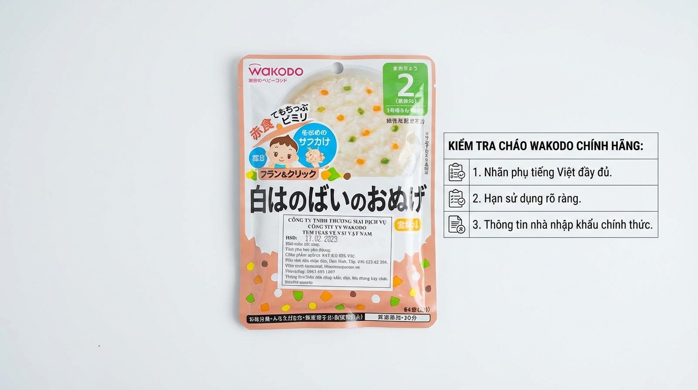Danh sách kiểm tra nhanh để nhận biết cháo Wakodo chính hãng qua nhãn, hạn dùng và thông tin nhà nhập khẩu