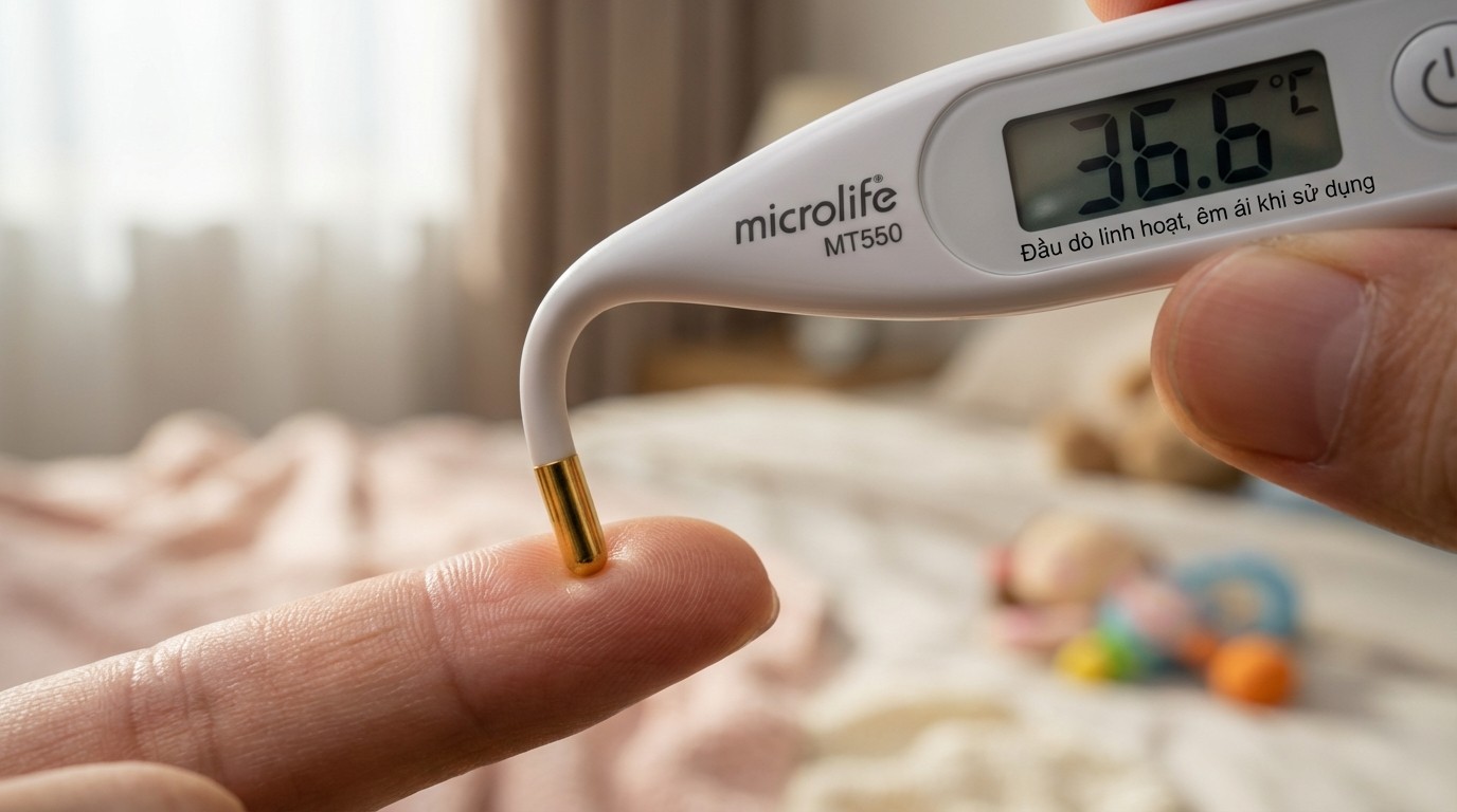 đầu dò mềm của Microlife MT550 có thể uốn nhẹ khi thao tác đo cho trẻ