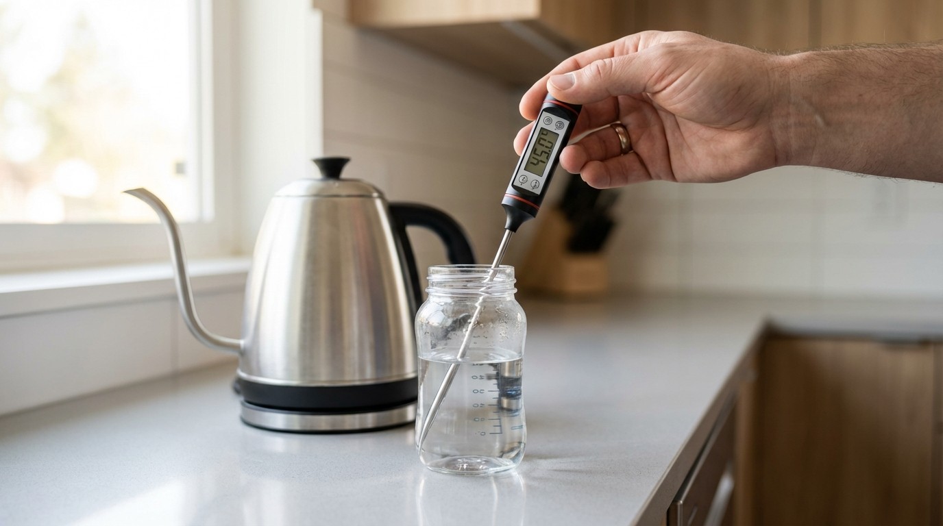 đo nhiệt độ nước thực tế bằng nhiệt kế khi dùng máy giữ nhiệt pha sữa