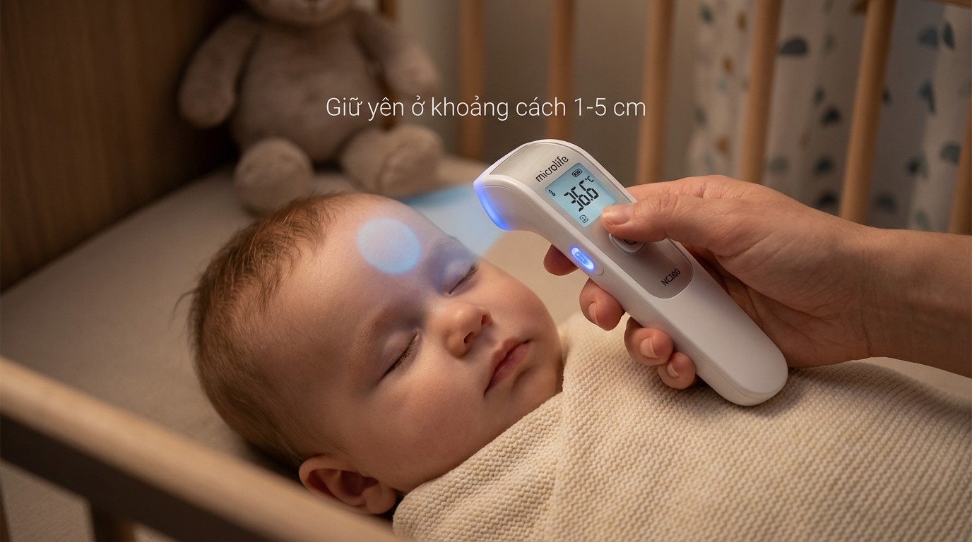 đo trán không chạm cho bé ở khoảng cách gần 1 5 cm bằng Microlife NC200