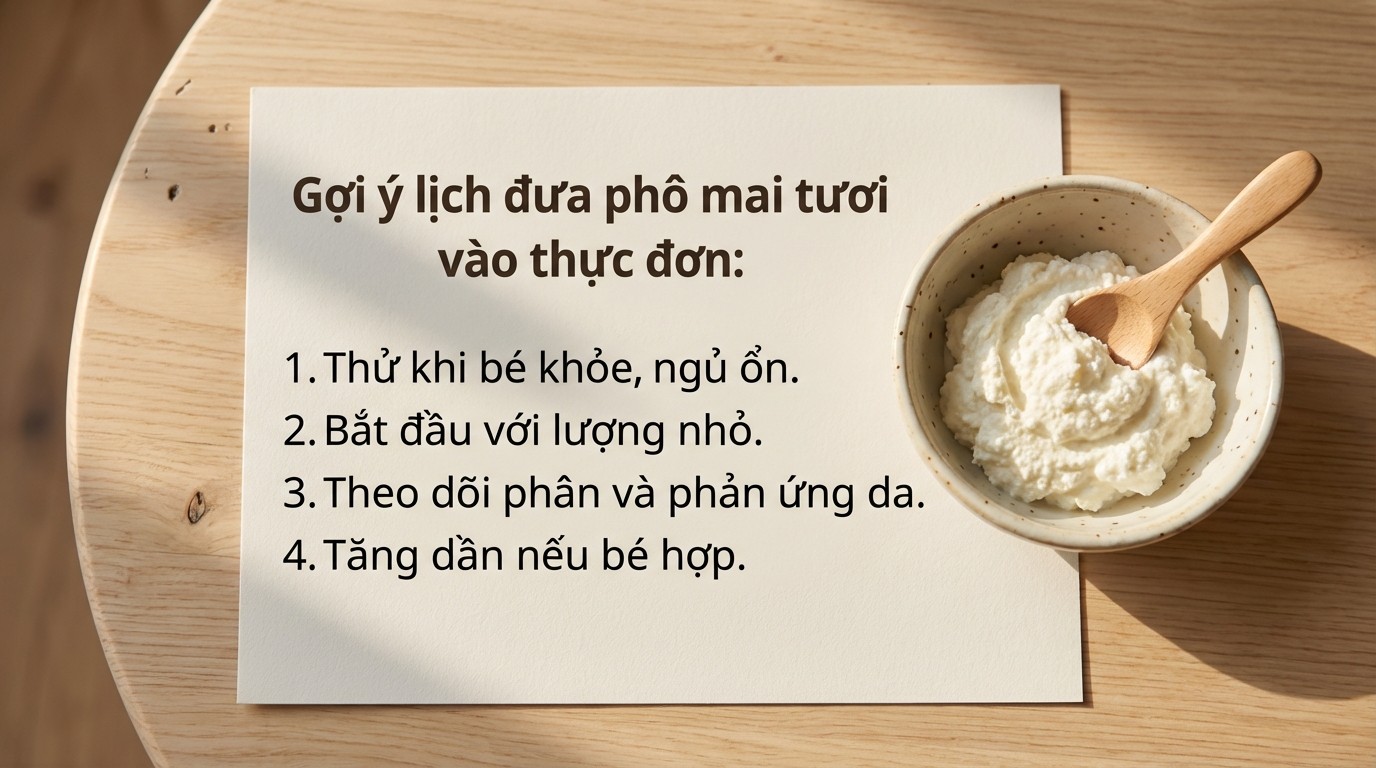 Gợi ý lịch đưa phô mai tươi vào thực đơn ăn dặm theo từng bước và theo dõi phản ứng của bé