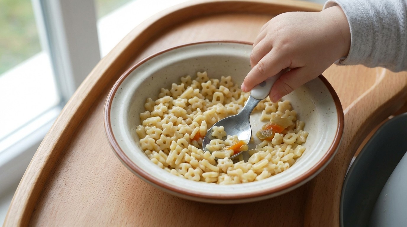 Hình dạng hạt nui nhỏ phù hợp giai đoạn bé 9 tháng tập nhai