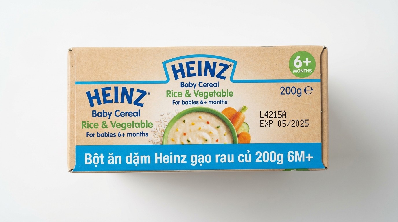 Hộp bột ăn dặm Heinz gạo rau củ 200g 6M+ và thông tin nhận diện trên nhãn