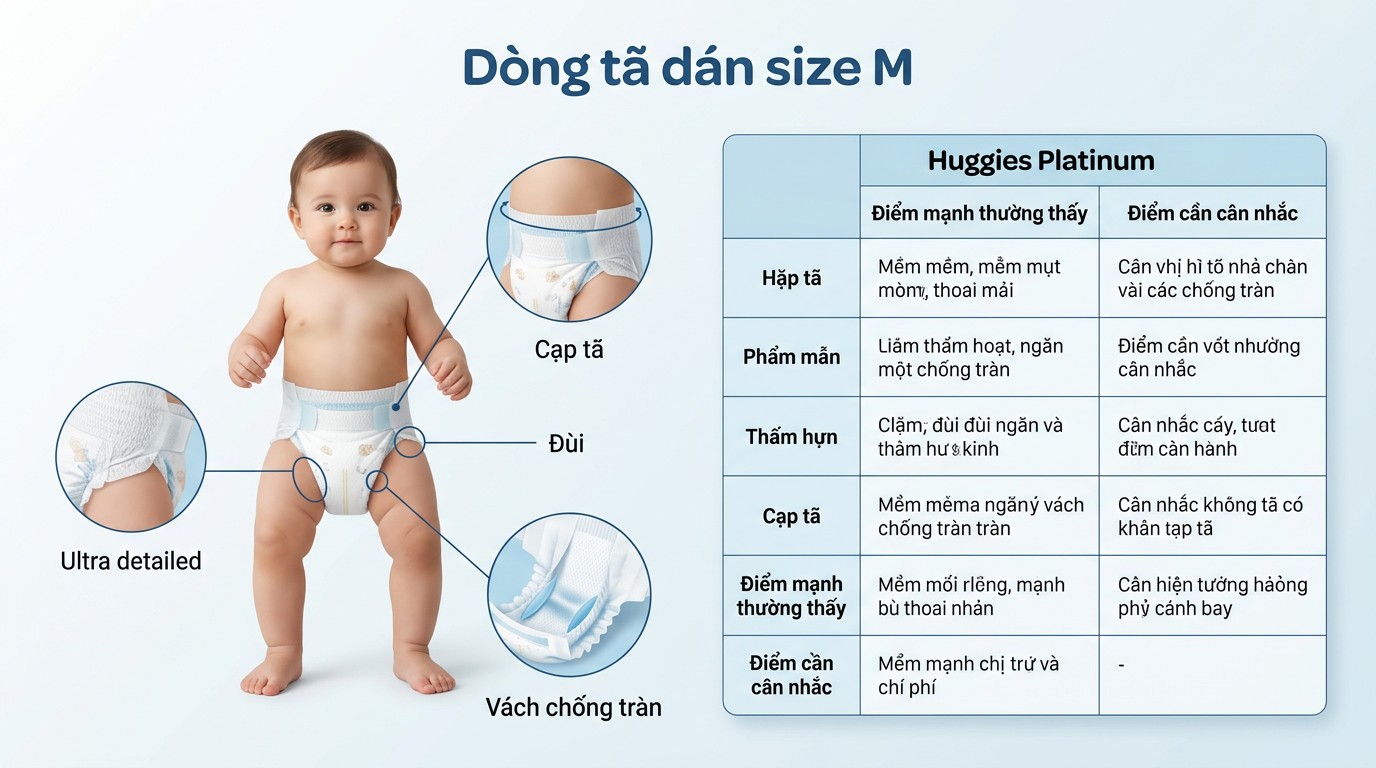 Hướng dẫn nhận biết tã size M vừa vặn theo cạp, đùi và điểm chống tràn
