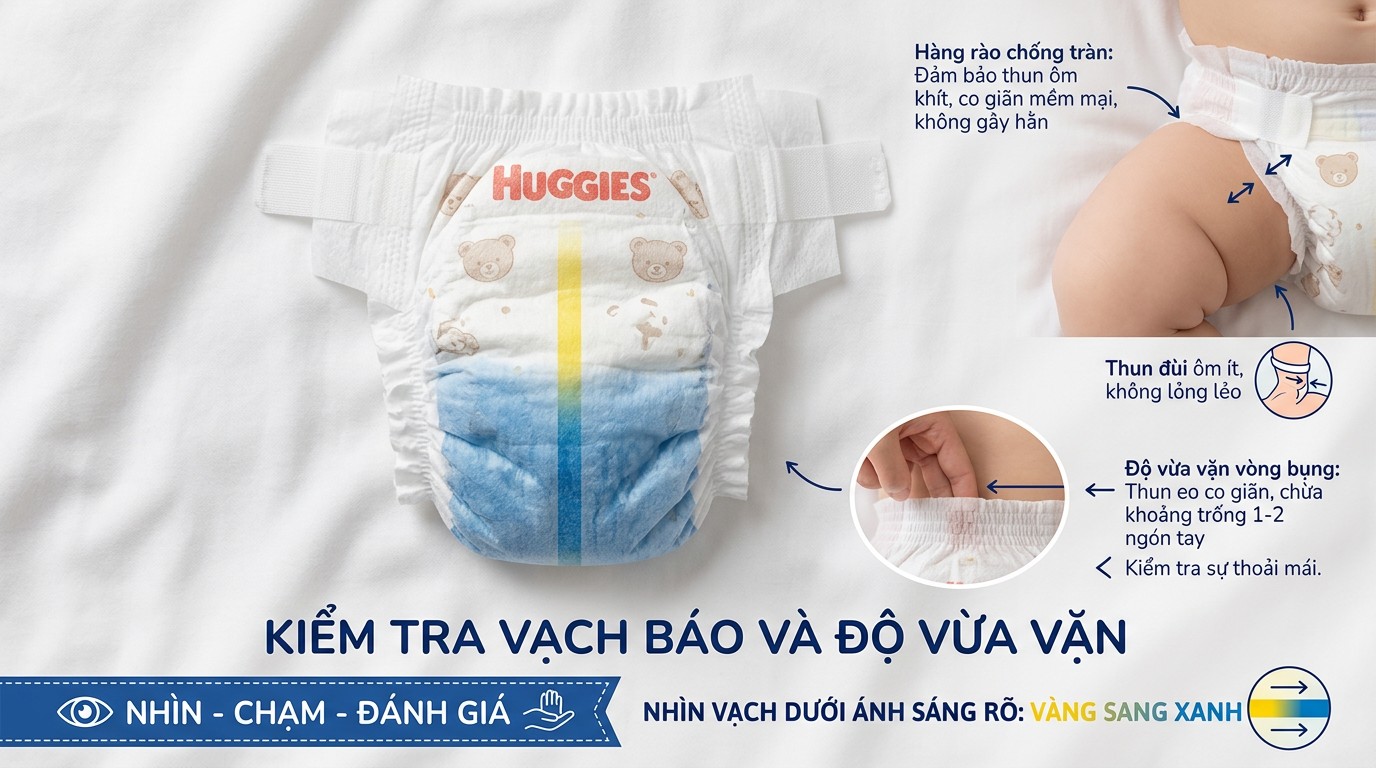 Infographic kiểm tra vạch báo độ ẩm và độ vừa vặn của tã dán để hạn chế tràn tã