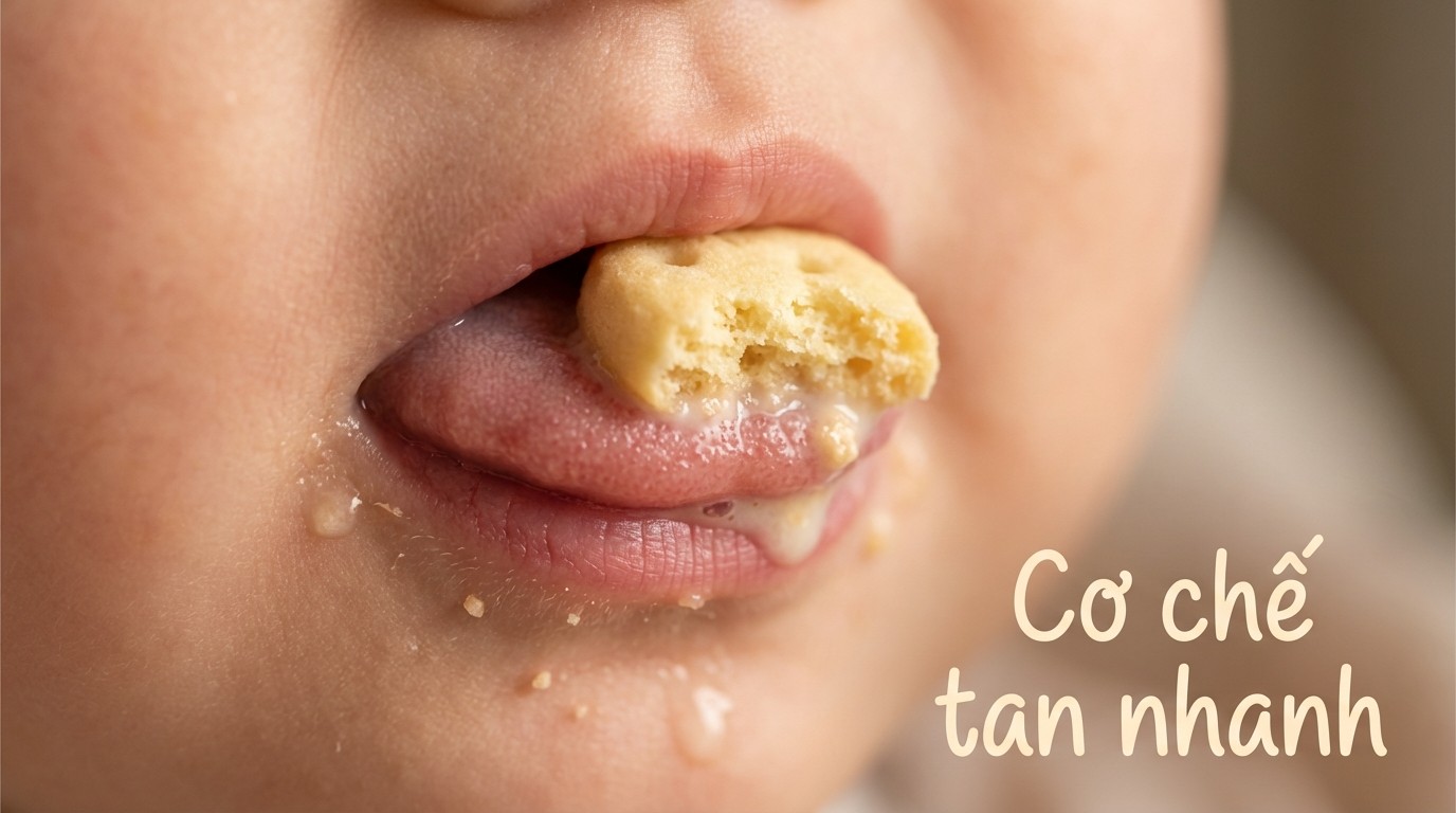 kết cấu bánh quy tan nhanh khi gặp nước bọt trong miệng bé