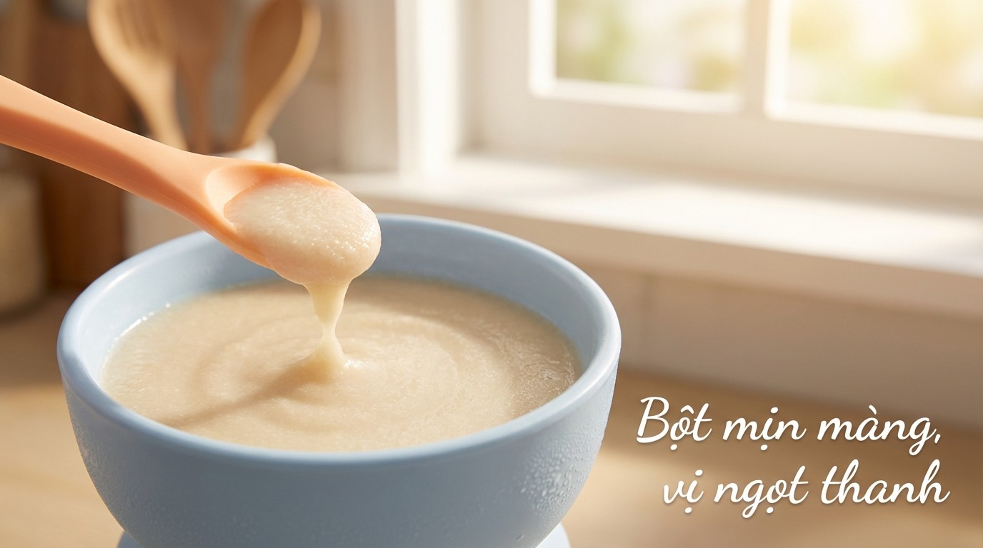 Kết cấu bột ăn dặm mịn sau khi pha, độ sánh có thể điều chỉnh theo lượng nước
