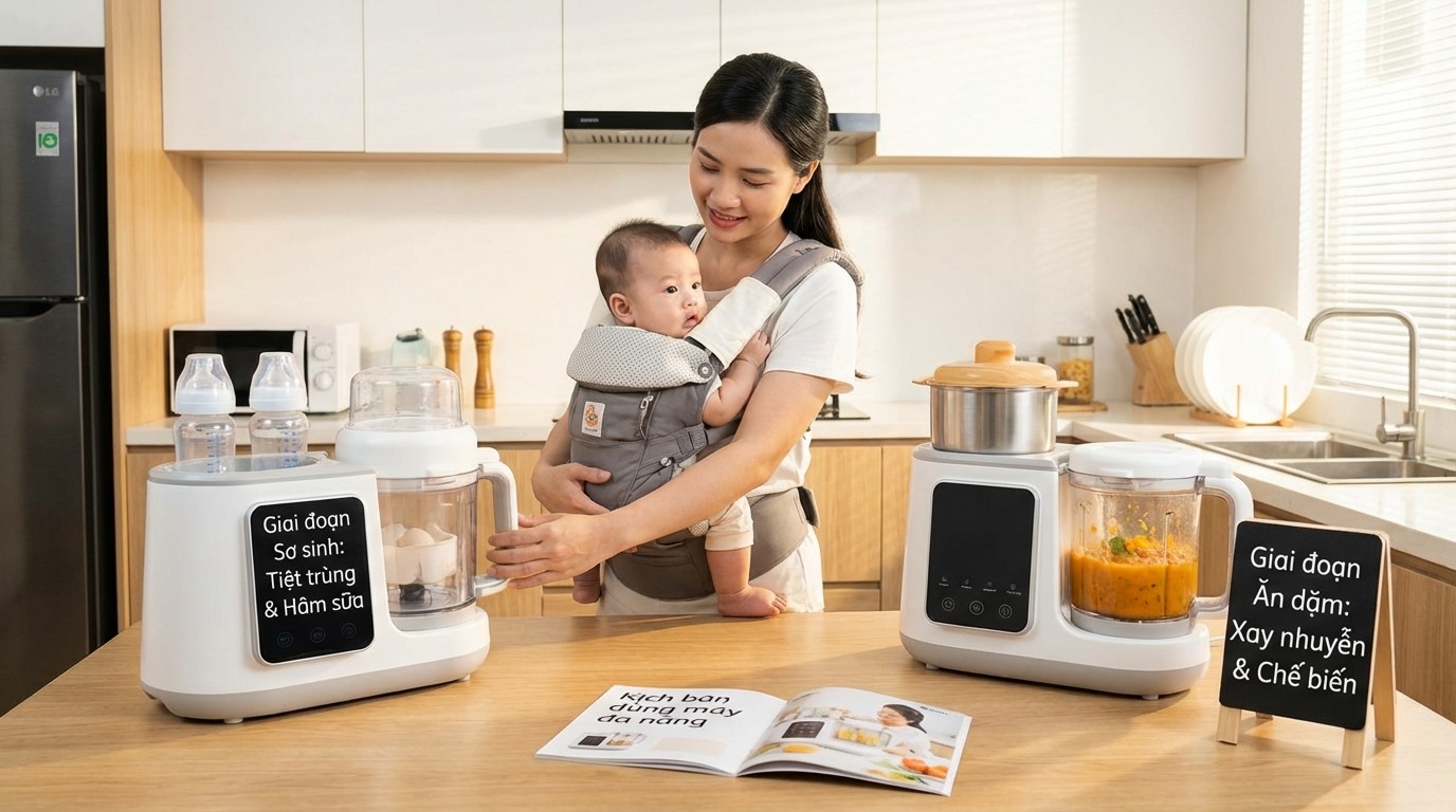 Kịch bản dùng máy đa năng theo giai đoạn sơ sinh và ăn dặm