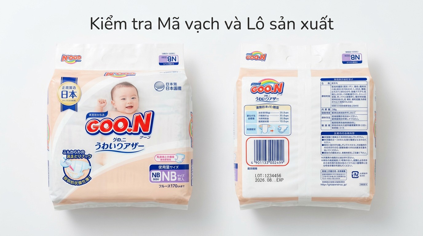 Mặt trước và mặt sau bao bì tã dán Goo.n NB năm 2026 với vị trí mã vạch và thông tin lô