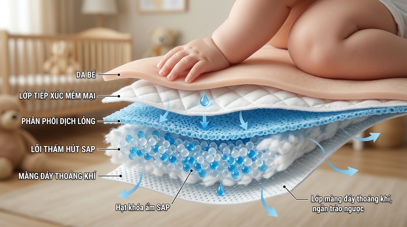 Mô phỏng các lớp tã giúp tách ẩm khỏi bề mặt tiếp xúc da bé