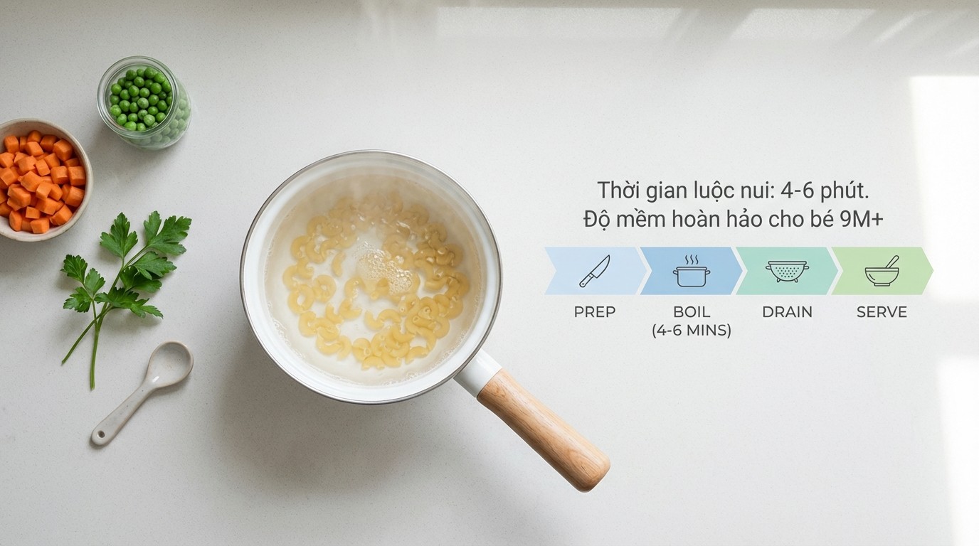 mốc thời gian luộc nui 4 6 phút để đạt độ mềm cho bé 9M+