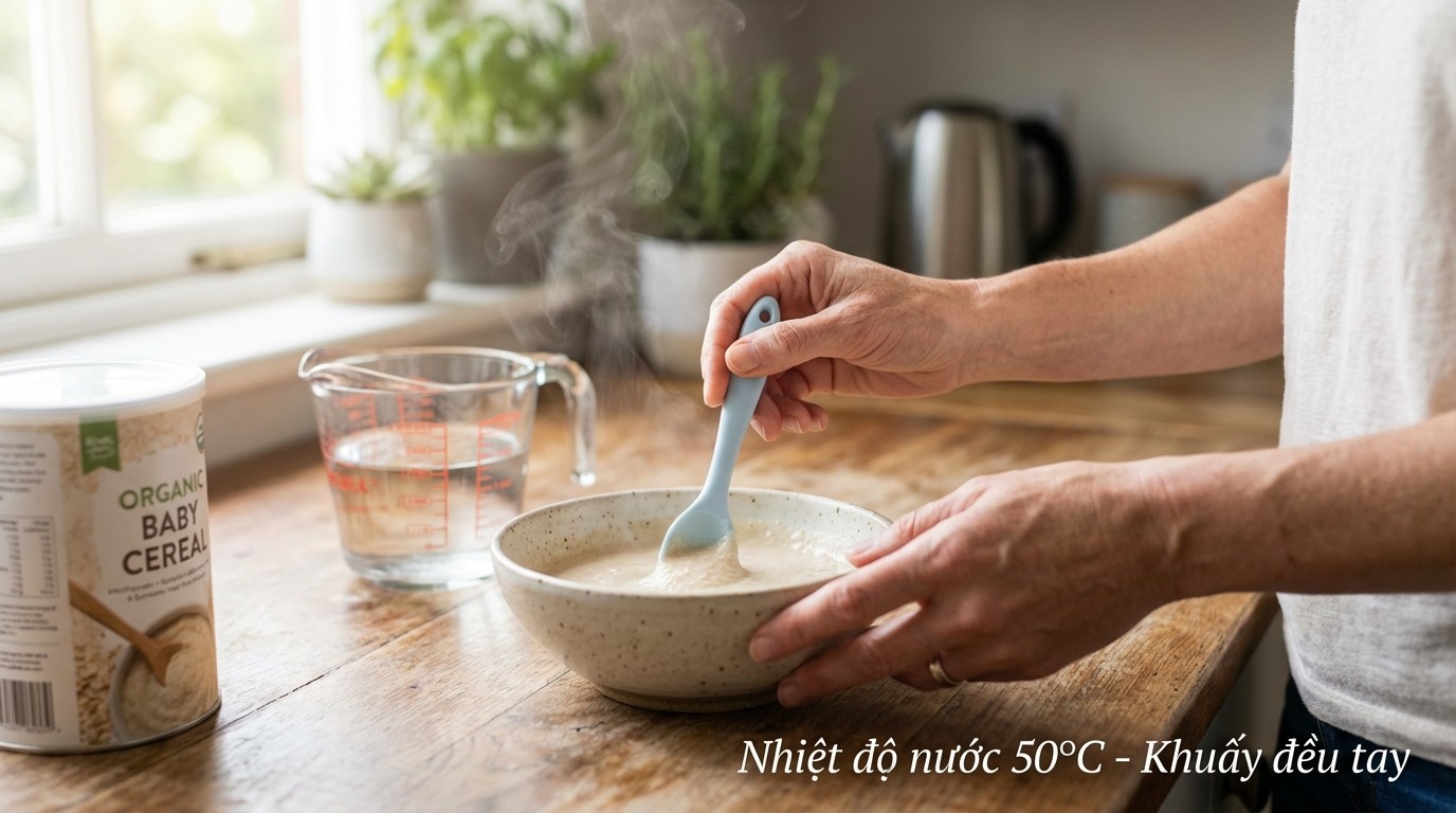 pha bột ăn dặm với nước khoảng 50 độ C và khuấy đều theo một chiều