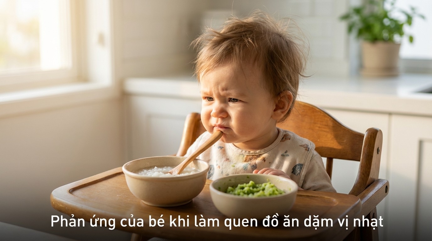phản ứng của bé khi làm quen đồ ăn dặm vị nhạt và cách tăng độ quen dần